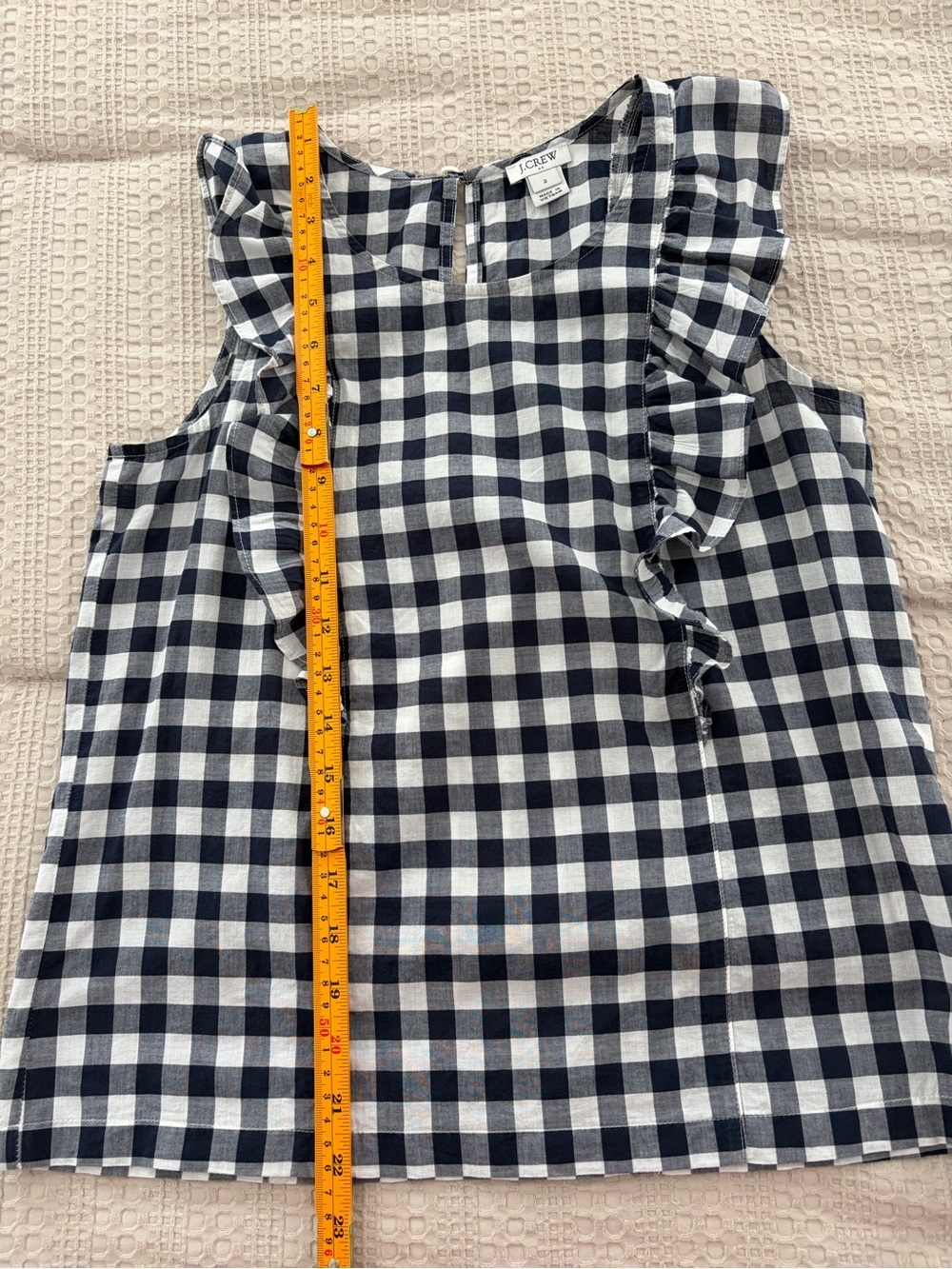 J. Crew Navy and White Gingham Sleeveless Top w/ Ruffle Sz 2 Preppy Cottagecore - Picture 8 of 10